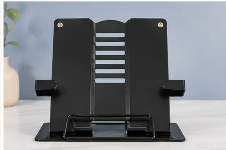 1hdjbFTb6PsuloogIoJPci65oAckUA1F51q2HlJZ.webp Metal Book Stand Holder – Adjustable 6-Position Foldable Cookbook & Reading Stand with Page Clip ( black, OS )