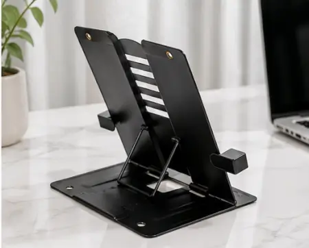 21QdNewhYdviW1AHIjCdC8CLhv0dyBgu5sZZBJRT.webp Metal Book Stand Holder – Adjustable 6-Position Foldable Cookbook & Reading Stand with Page Clip ( black, OS )