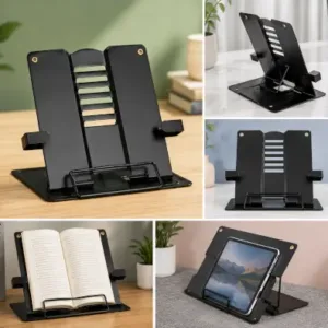 Metal Book Stand Holder – Adjustable 6-Position Foldable Cookbook & Reading Stand with Page Clip ( black, OS )