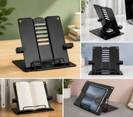 6nCQKKK1RhBO6n1h2LirlKuErmHvseMV6LQUx8Zw.webp Metal Book Stand Holder – Adjustable 6-Position Foldable Cookbook & Reading Stand with Page Clip ( black, OS )