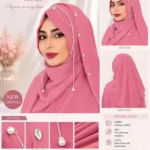 Brown Bridal Jhoomar Hijab for Women | Turkish Ready-to-Wear Chandelier Hijab | Wedding & Party Wear Designer Georgette Hijab ( pink, Standard )