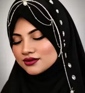 Brown Bridal Jhoomar Hijab for Women | Turkish Ready-to-Wear Chandelier Hijab | Wedding & Party Wear Designer Georgette Hijab ( black, Standard )