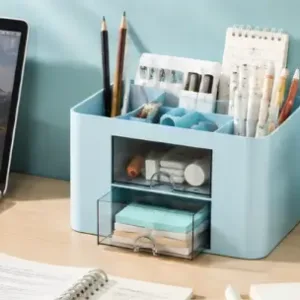 Desk Organiser – 5 Compartments & 2 Drawers Multifunctional Stationery Storage Organizer ( Sky Blue, OS )