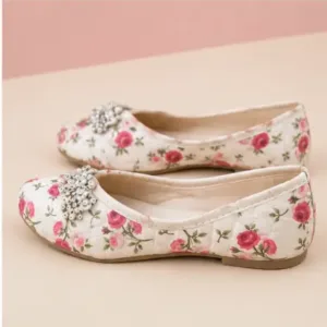 Kids Baby Girls Jutti – Handmade Floral Print Ethnic Slip-On Shoes with Comfortable TPR Sole ( multicolor, 5-5.5 Years )