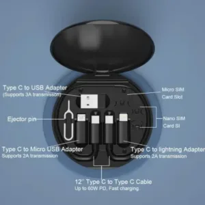 All in One 60W Fast Charging Travel Data Cable Set with Type C USB A Lightning Micro Connectors Portable Multi Functional Cable Kit ( default, OS )
