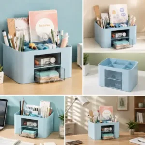 Desk Organiser – 5 Compartments & 2 Drawers Multifunctional Stationery Storage Organizer ( Sky Blue, OS )