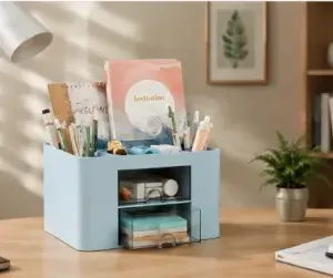Desk Organiser – 5 Compartments & 2 Drawers Multifunctional Stationery Storage Organizer ( Sky Blue, OS )