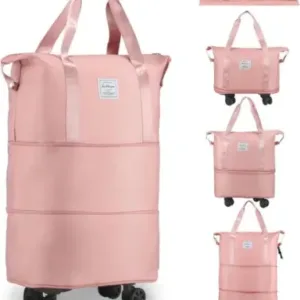 Duffle Trolley Bag – Large Foldable Travel Bag with Wheels & Adjustable Handles ( pink, OS )